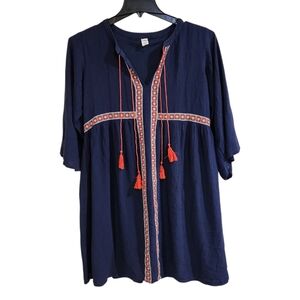 Old Navy Womens Sz M Tall Mini Dress Lost At Sea Boho Embroidered Navy & Coral